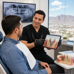 Dentist explaining dental implants in El Paso during a patient consultation