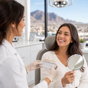 Patient reviewing tooth shade options during a teeth whitening consultation in El Paso